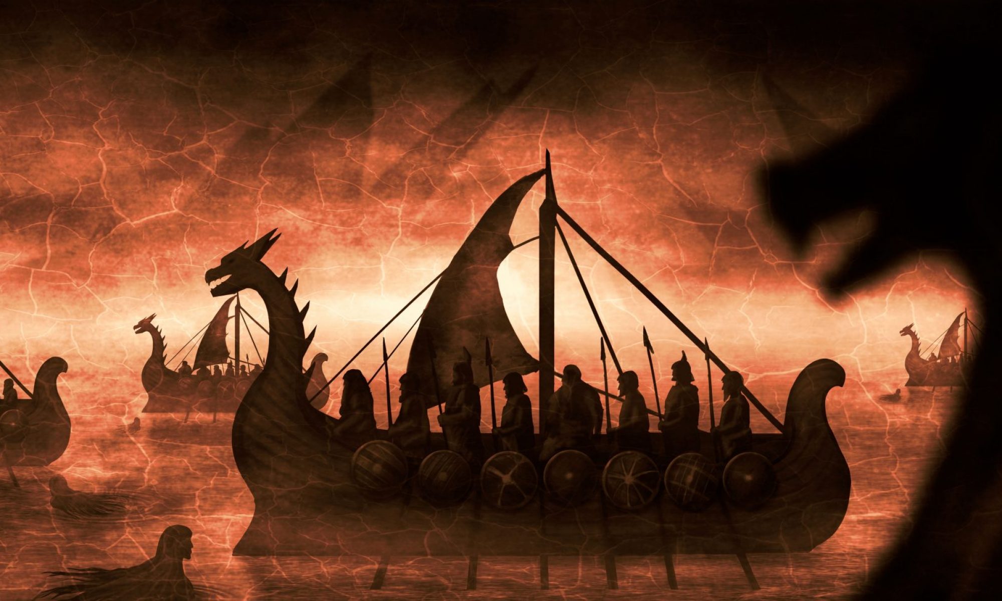 Picture of viking raiders on longships against a red background